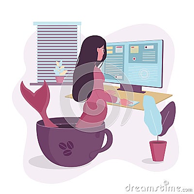 Work at home concept. Girl mermaid in a cup with coffee. Vector Illustration