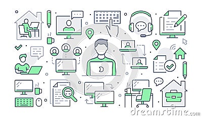 Work from home concept with line icons. Vector horizontal illustration included icon as freelance worker with laptop Vector Illustration