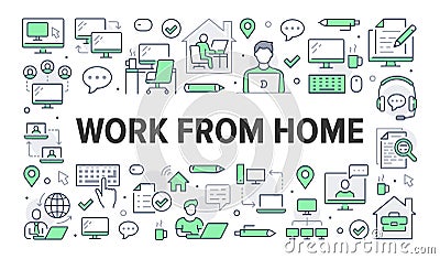 Work from home concept with line icons. Vector horizontal illustration included icon as freelance worker with laptop Vector Illustration