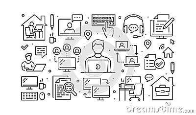 Work from home concept with line icons. Vector horizontal illustration included icon as freelance worker with laptop Vector Illustration