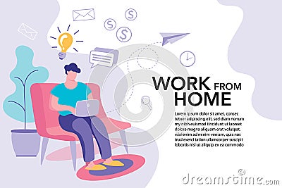 Working from home, teaching and learning online, Remote work, performance of tasks sent by email or social media, Flat vector illu Vector Illustration