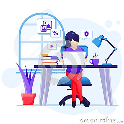 Work from home concept A woman sitting at desk and work on laptop stay at home Quarantine during the Coronavirus Epidemic Vector Illustration