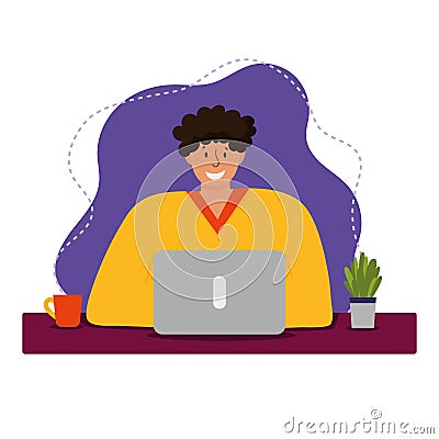 Work at home, education concept, coworking space. Young smiling man sits at laptop at table. Work, education from home Vector Illustration