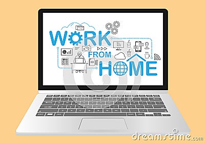 Work from home with flat working icon on Laptop Stock Photo