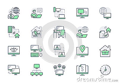 Work from home line icons. Vector illustration included icon as freelance worker with laptop, workspace, pc monitor Vector Illustration