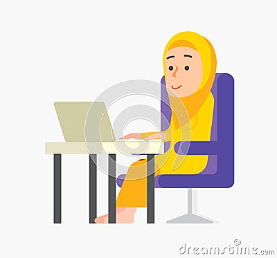 Work from home. Muslim woman stay connecting with people trough social media with laptop. Vector Illustration