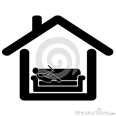 Work from home. Pictogram depicting man working from home relax laying on sofa couch using laptop computer. Black and white eps Vector Illustration