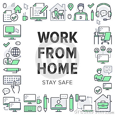 Work from home poster frame with line icons. Vector illustration included icon as freelance worker with laptop Vector Illustration