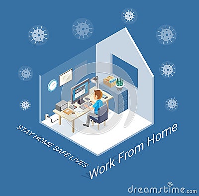Work from home protection from virus concept isometric. Vector Illustration