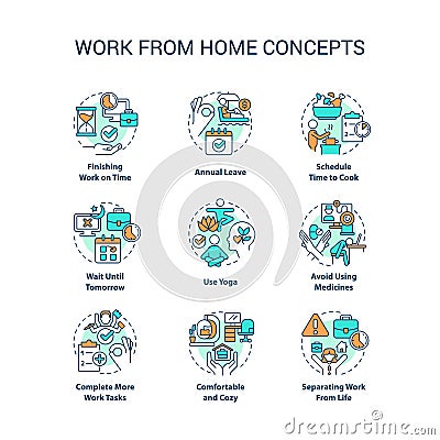 Work from home tips concept icons set Vector Illustration