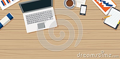 Work from home with wooden table and small office equipment Vector Illustration