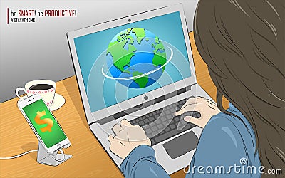 Work From Home Stay Home Smart Productive Phone Laptop Internet Business Money Dollar Globe Earth Coffee Woman Wood Table Vector Stock Photo