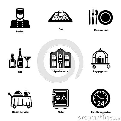 Work hostel icons set, simple style Vector Illustration