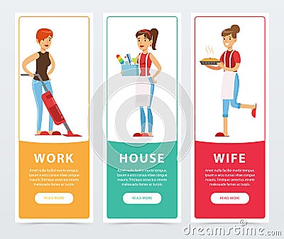 Work, house, wife banners set, housewife cooking and cleaning flat vector element for website or mobile app Vector Illustration