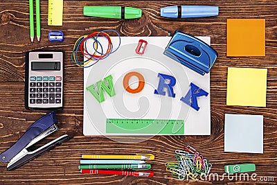 `Work` inscription with a frame of school supplies Stock Photo