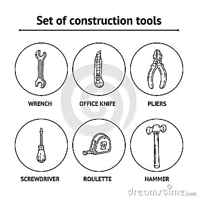 Work and Labor hand drawn black and white set of construction tools with screwdriver, office knife, spanner, hammer Vector Illustration