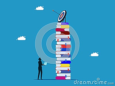 Work on learning goals or finding information. man with laptop looking at target on high pile of books Vector Illustration