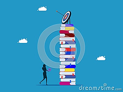 Work on learning goals or finding information. woman with laptop looking at target on high pile of books Vector Illustration