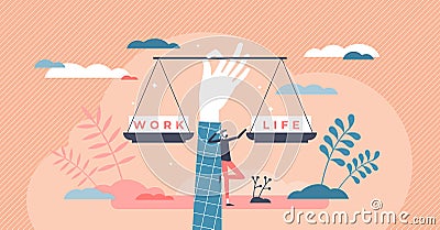 Work life balance as career or family relationship scales tiny person concept Vector Illustration