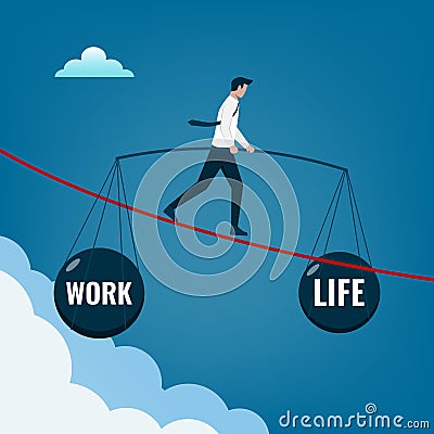 Work life balance, businessman balancing works and life, choose between passion, love versus job, money and professional Vector Illustration