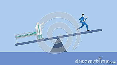 Work life balance concept. Work and health unbalance of businessman run away from doctor and hospital's bed Vector Illustration