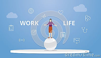Work life balance concept woman circus on top of sphere balls with modern flat style Vector Illustration