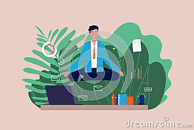 Work meditation. Stressful businessman, yoga character. Manager sitting on office table in lotus pose vector Vector Illustration