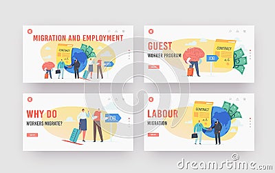 Work Migration and Employment, Drain Brain Landing Page Template Set. Tiny Businesspeople Characters Leaving Motherland Vector Illustration