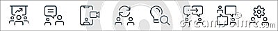 Work office and meeting line icons. linear set. quality vector line set such as setting, chatting, teamwork, search, reset, video Vector Illustration