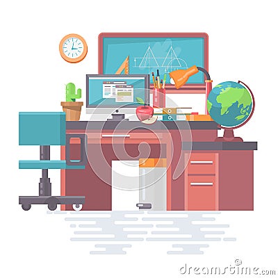 Work office with modern gadgets, computer, pc, files, board, table, chair and school supplies. Vector Illustration