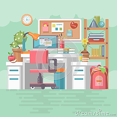 Work office of school girl with modern gadgets, computer, pc, files, board, chair and school supplies. Vector Illustration