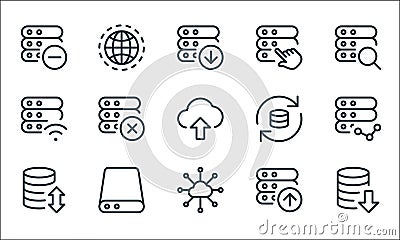 work office server line icons. linear set. quality vector line set such as downloading data, connection, data transfer, file Vector Illustration
