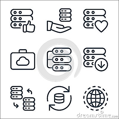 work office server line icons. linear set. quality vector line set such as internet, sync, change, download, network server, Vector Illustration