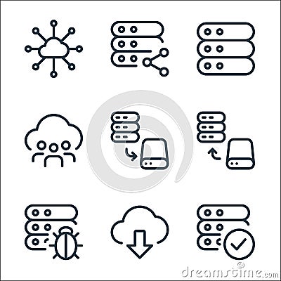 work office server line icons. linear set. quality vector line set such as verified, download, bug, storage device, save, sha Vector Illustration
