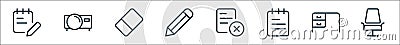 work office supply line icons. linear set. quality vector line set such as chair, desk, notes, remove, digital controller, eraser Vector Illustration
