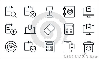 work office supply line icons. linear set. quality vector line set such as recycle, calculator, target, smartphone, secure, add, Vector Illustration