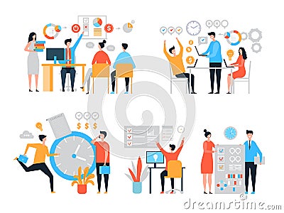 Work organization. Task management people productivity organize process efficiency vector stylized characters Vector Illustration