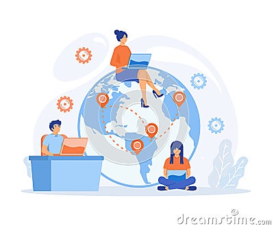 Work outsourcing and telecommuting concept. Business process outsourcing, outplacement, offshore software development Vector Illustration