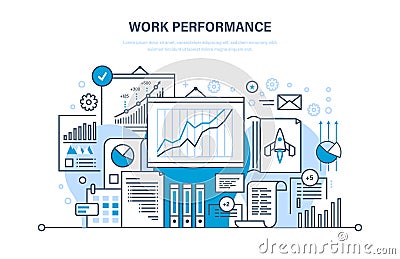 Work performance, quality control, productive, teamwork, performance evaluation, analysis, planning. Sales assistant Vector Illustration