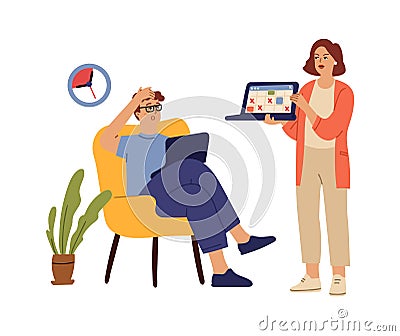 Work planning. Geek man, time manager with schedule on laptop screen. Boy forgotten about job deadline. Cartoon isolated Vector Illustration