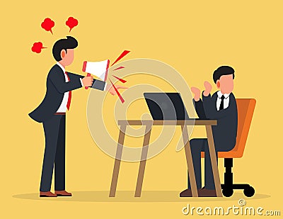 Work pressure at the office concept. An annoyed manager yells at employees using a megaphone Vector Illustration