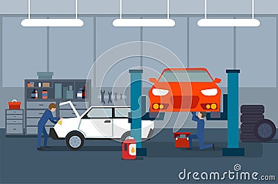 Work process in car and tire services. Cartoon Illustration