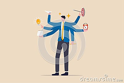 Work productivity and efficiency, business idea, multitasking and project management concept, smart businessman with multi hands Stock Photo