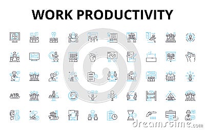 Work productivity linear icons set. Efficiency, Motivation, Focus, Time-management, Organization, Prioritization Vector Illustration