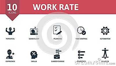 Work Rate icon set. Contains editable icons personal productivity theme such as potencial, planning, automatism and more Vector Illustration
