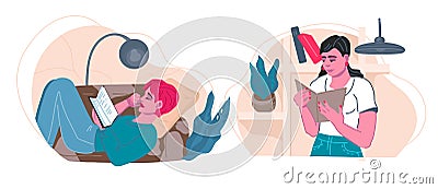 After work rest at home, weekend at home set with women reading book. Vector Illustration