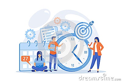 Work schedule, timetable managing. Workflow organization. Effective work scheduling. Time management, effective time spending, Vector Illustration