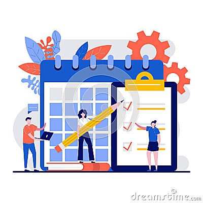 Work schedule, to-do list concept with tiny character. Managers plan a working week, events, meetings, deadlines for projects flat Cartoon Illustration