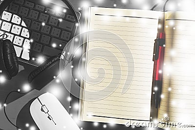 Work space desk with open notebook and pen, keyboard, mouse and Stock Photo