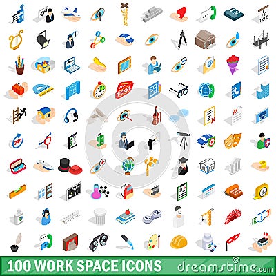 100 work space icons set, isometric 3d style Vector Illustration